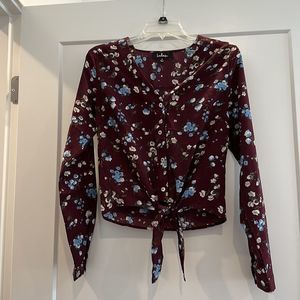 Lulus Maroon Floral Tie Front Long Sleeve Shirt